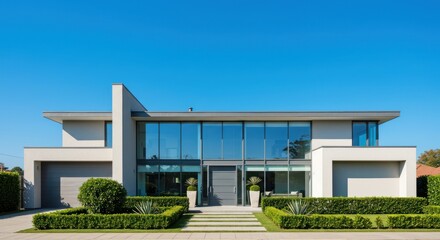 Modern house with large windows and manicured hedges under a clear blue sky.