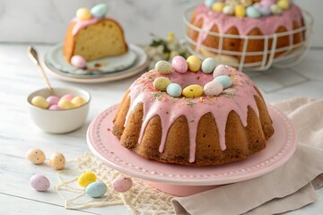 Easter bundt cake with pink glaze and mini eggs on top
