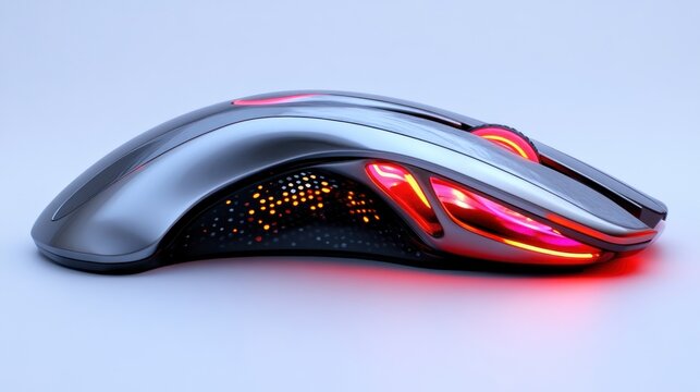 Futuristic Computer Mouse with Glowing Red Lights and Sleek Design for HighTech Users and Gami