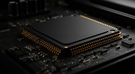 A computer chip sits on a dark circuit board showing gold pins.