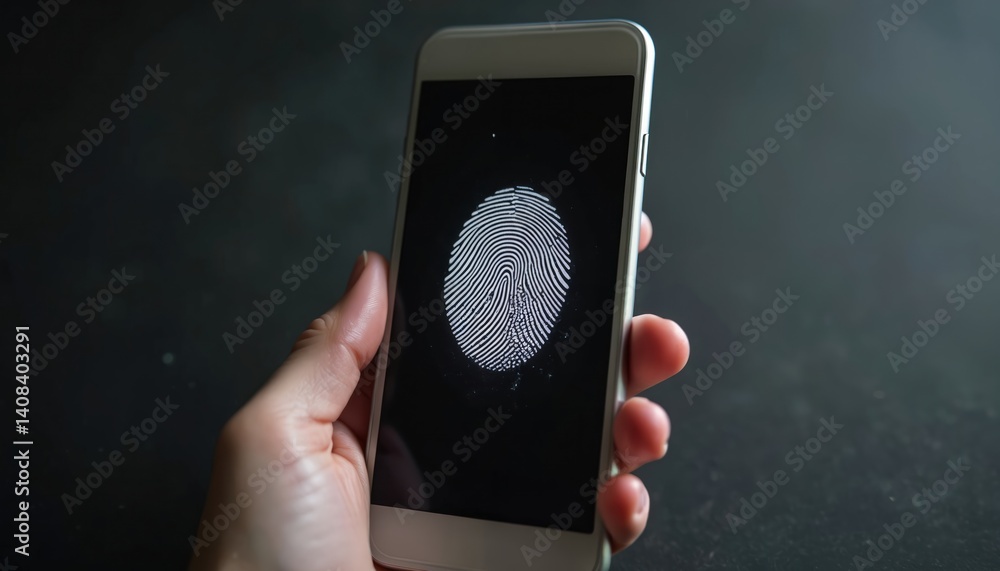 Poster Hand holds smartphone. Fingerprint scan on screen. Biometric authentication, digital identity, mobile security, data protection, secure access. Tech concept for cybersecurity, digital privacy,