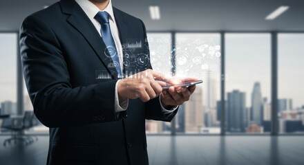Businessman in suit using digital interface over city view background.