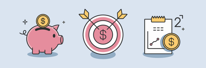 Flat-style illustration of budget planning and financial goal setting icons – Perfect for personal finance blogs, savings strategies, or financial workshops.
