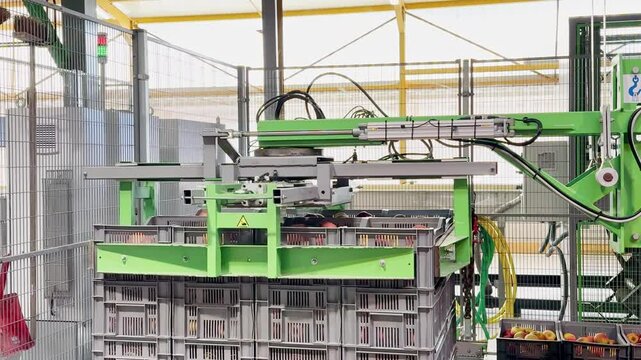 Industrial machine automatically transferring plastic fruit crates from pallet to grading line. Automated crate handling system in modern fruit sorting and packing facility.
