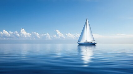 A serene sailboat glides across a calm body of water under a vast, cloud-filled sky.