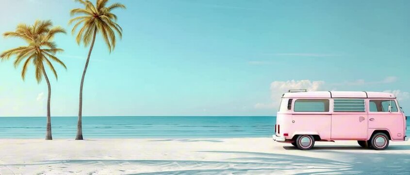 A Retro Van slowly drives off under Tropical Palms along a Minimal Coastline, radiating pure Summer Vibes and Nostalgia.