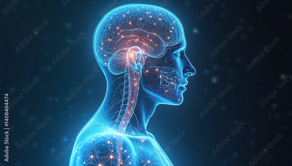 Poster 3d hologram of human nervous system. the illustration shows brain with neural network, neural pathwa