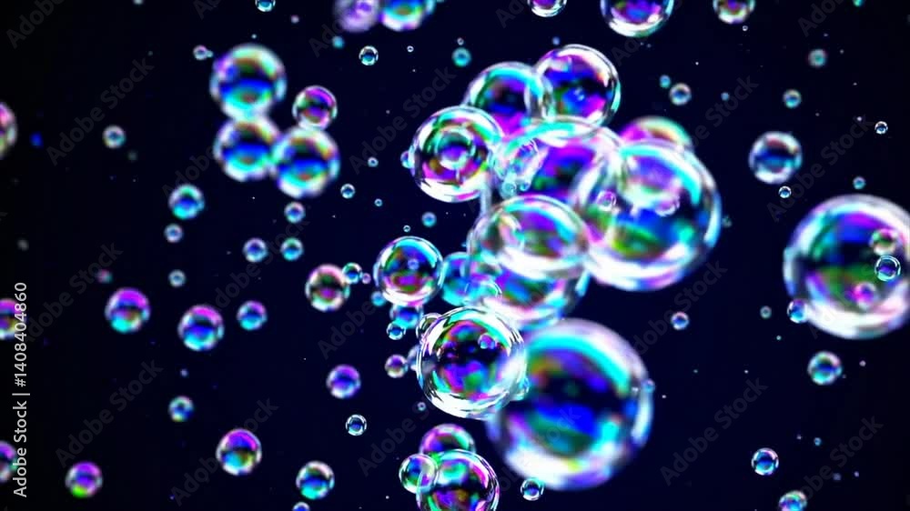 Poster Bubbles float and shimmer in colorful patterns, creating a mesmerizing display against a dark background