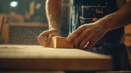 Carpenter sanding wooden planks for furniture. Featuring craftsmanship and detail