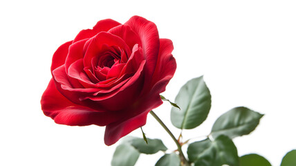 A red rose is the main focus of the image. The rose is standing tall and is the only object in the scene. The rose is the center of attention and is the main subject of the image