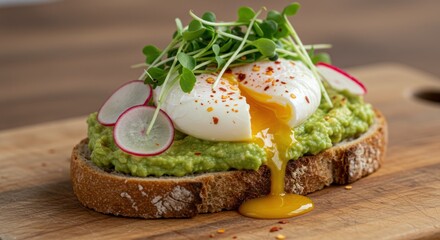 Avocado toast with poached egg radish and greens on a wooden board.