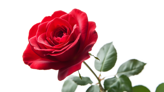 A red rose is the main focus of the image. The rose is standing tall and is the only object in the scene. The rose is the center of attention and is the main subject of the image