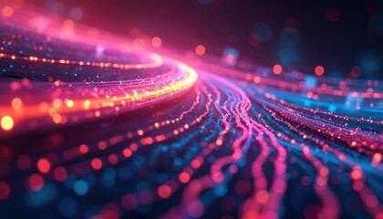 Abstract image of fiber optic cable data transmission. Glowing light trails, high-speed connection concept, cyberspace. Modern tech background, blue, pink colors. Futuristic digital network