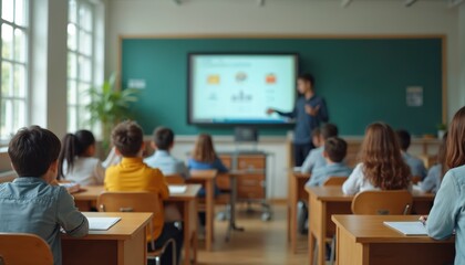 Teacher presents educational material to students in classroom. Pupils sit desks, focus listen. Modern tech used for presentation. Digital learning, online class, e-learning concept. Interaction.