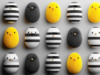 A playful arrangement of chicks and egg figures with fluffy textures and are depicted in various colors, including bright yellow, black, and white, with some featuring stripes