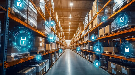 A modern warehouse showcases high shelves filled with goods, illuminated by digital icons representing security and connectivity technologies