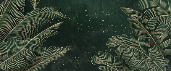 Luxury dark art background with palm leaves in golden line style hand drawn. Botanical tropical banner for decor, print, textile, packaging, interior design, cover, poster.