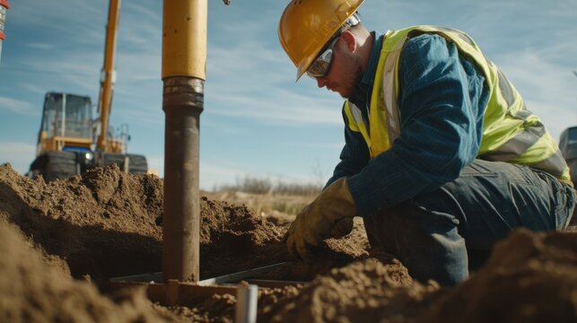 Geotechnical engineer analyzing soil samples at a drilling site. Featuring data collection and precision