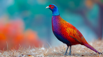 Colorful pheasant roaming freely in a vibrant natural setting during the early morning light