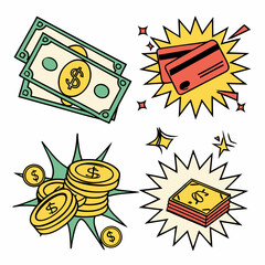 Pop Art Money Icons – Cash, Coins and Credit Cards