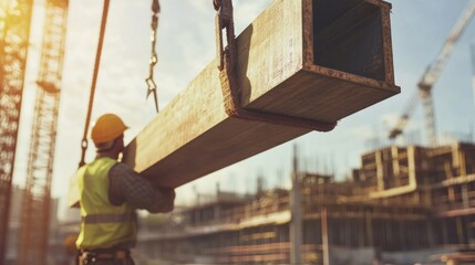 Construction worker lifting heavy beams at a building site. Featuring strength and focus