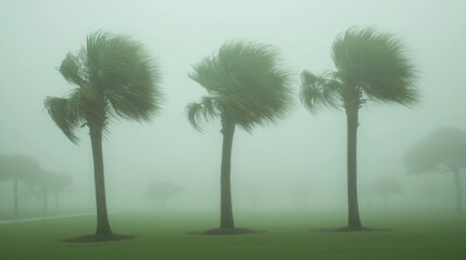 Fototapeta premium Three palm trees with their fronds whipping in a strong, misty wind; a light, overcast sky; muted greens and grays
