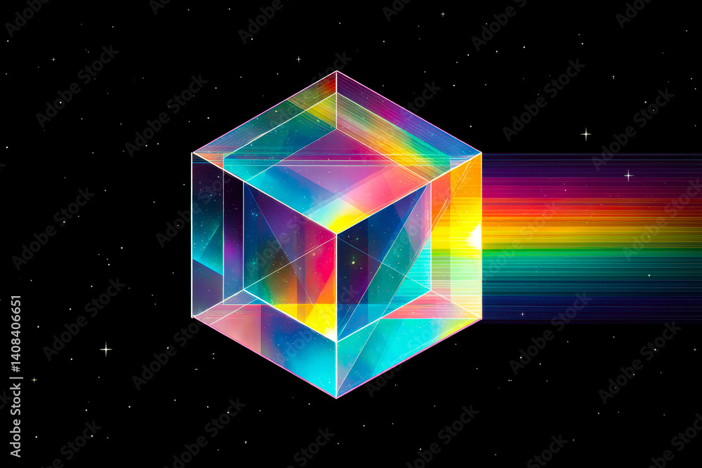 Poster Prism in space creating a mesmerizing display of rainbow light beams