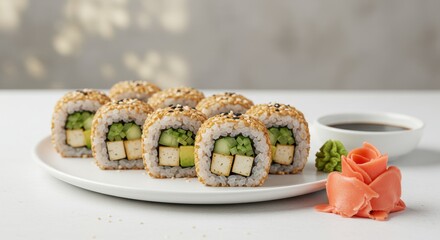 Plate of sushi rolls with tofu cucumber and sesame seeds with soy sauce.