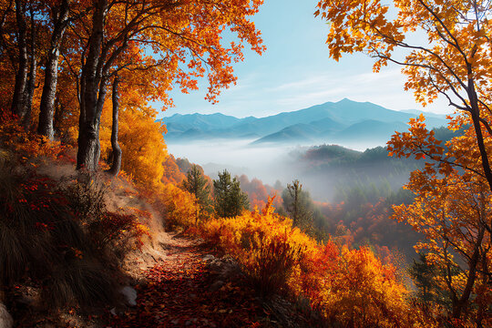 A vibrant autumn forest with golden and orange leaves, a soft trail fog, and a distant mountain range in the background