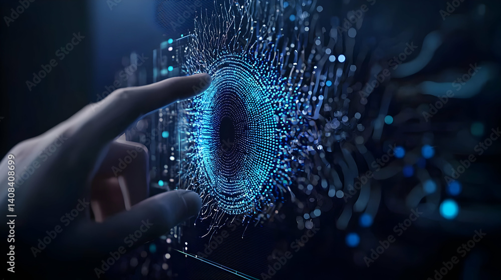 Poster human hand touching digital blue screen display showing abstract data visualization