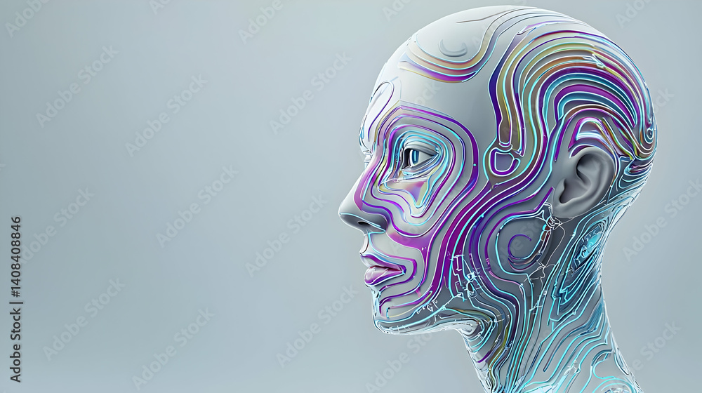 Poster a profile view of futuristic human head with intricate colorful line patterns on light gray backgrou