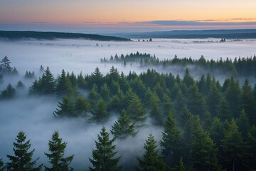 Obraz premium Striking Cedar Thicket Embraced by Soothing Mist Beneath a Lightening Horizon