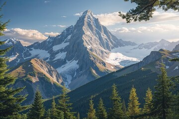 Obraz premium Captivating Mountain Panorama with Evergreen Spruce and Fir Vegetation Background