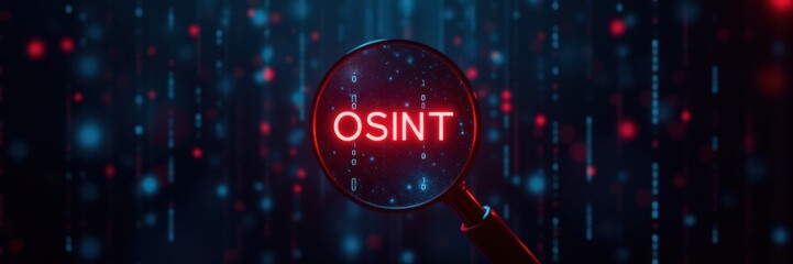 A digital representation of osint (open source intelligence) under a magnifying glass, surrounded by flowing binary code. a symbol of modern data analysis and intelligence gathering.
