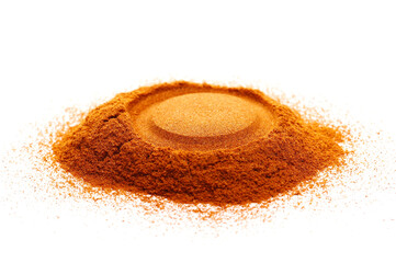 Pile spicy chili red pepper, milled dry paprika, isolated on white, side view	