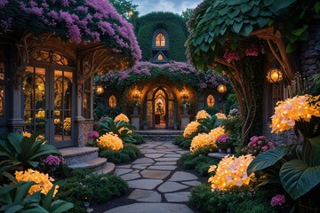 Fototapeta premium A Captivating Fairytale Hideaway with Vibrant Foliage and Glowing Custom Flowers