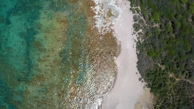 This drone footage captures the beauty of Assyk Kul Lake, featuring a sandy beach and lush forests along the shoreline. A perfect blend of water and forest landscapes in Kyrgyzstan.