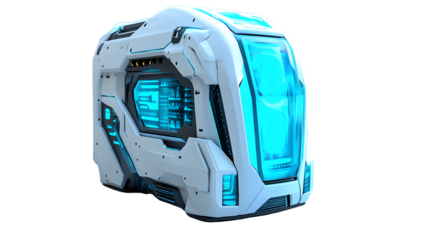 Futuristic SciFi Capsule with Blue Lighting and Advanced Technology Design