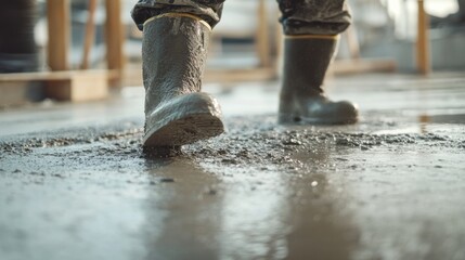 Concrete worker applying finishing touches to a concrete floor. Featuring skill and focus