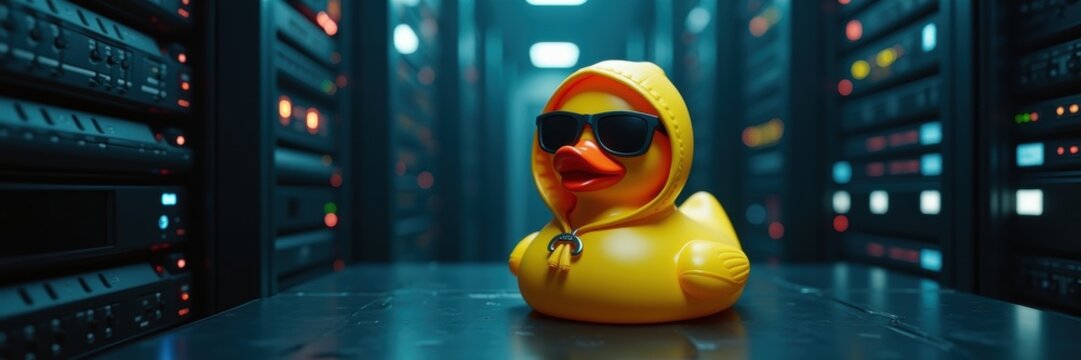 A playful rubber duck wearing sunglasses and a hoodie sits confidently in a high-tech server room, blending humor and technology in a unique visual commentary.