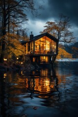 Fototapeta premium Lake cabin dusk reflection