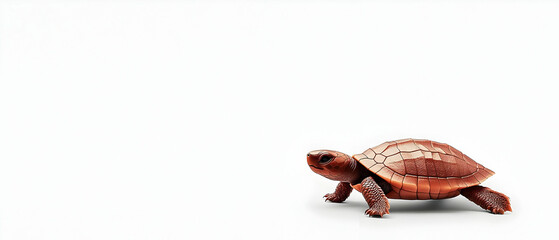 Fototapeta premium Small Brown Turtle Walking on a White Background in a Studio Setting with Detailed Texture and Features