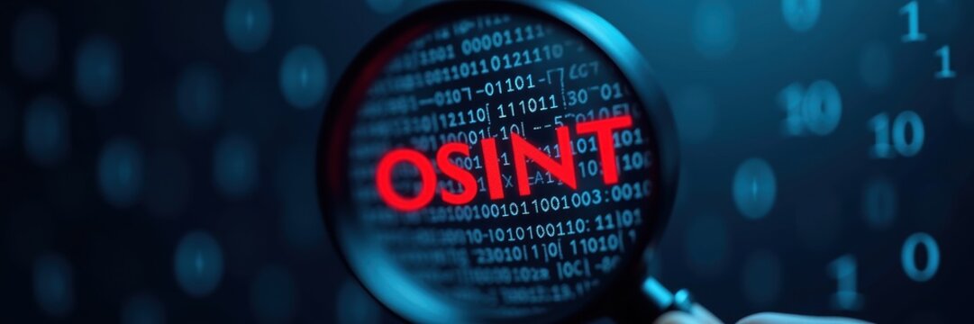 Focused view of the term "osint" highlighted in red, magnified by a lens, surrounded by binary code. symbolizes open-source intelligence in the digital age.