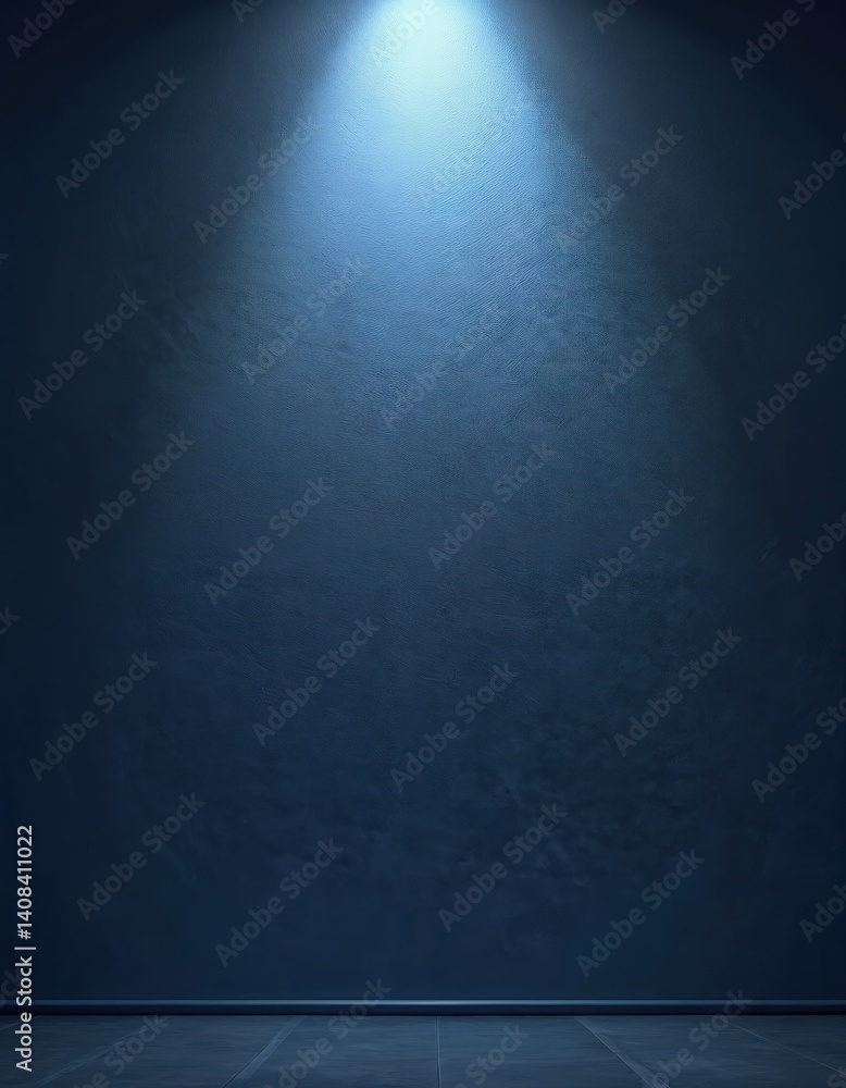 Poster dark blue wall gradient background. light falls from above subtle texture variations deepening shado