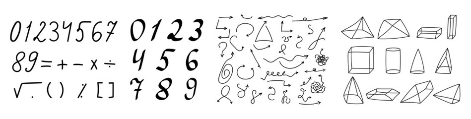 Set of handwritten numbers, set of hand drawn signs, set of hand drawn geometric figures