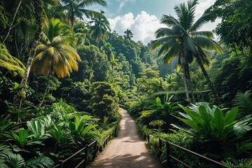 Obraz premium Lush Tropical Jungle Landscape in Southeast Asia with Beautiful Green Foliage and Pathways