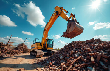 Yellow excavator loads junk metal, construction waste. Heavy machinery on demolition site, scrap yard. Recycling process, environmental protection, re-use materials. Earthmoving equipment, hydraulic