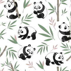 Cute panda baby seamless pattern. Vector illustration with pandas. Kids texture for fabric, wrapping, textile, wallpaper, apparel, children's clothing. Pattern with panda and bamboo. Bear flat style.