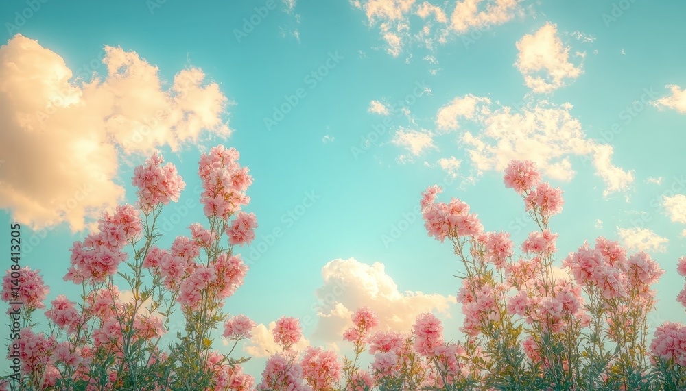 Poster majestic clouds illuminated by the soft hues of sunrise over a vast sky, capturing the tranquility o