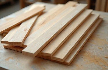 Wooden slats, skirting boards crafted high quality wood placed workbench in workshop. Carpentry production processing timber. Woodwork, carpentry and joinery, manufacturing business, wooden products.
